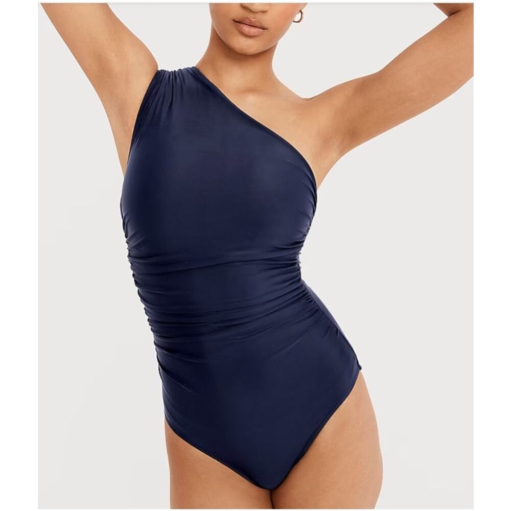 J CREW Ruched One-Shoulder One-Piece Swimsuit Size in Navy Blue Classic Preppy
